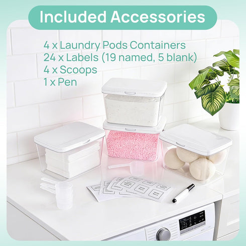 4 Pack Vtopmart Laundry Pods Container and Dryer Sheet Holder, Detergent Powder Container with Lids &Labels & Scoop