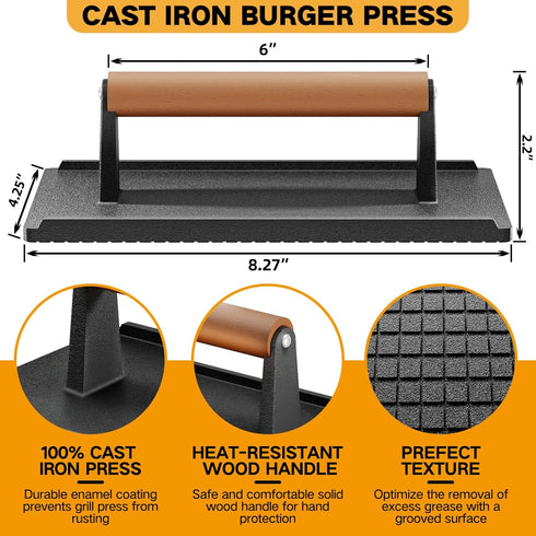 Yoehka Cast Iron Grill Press-2PCS, Heavy Duty Burger/Griddle Press with Wood Handle, 2.25lbs