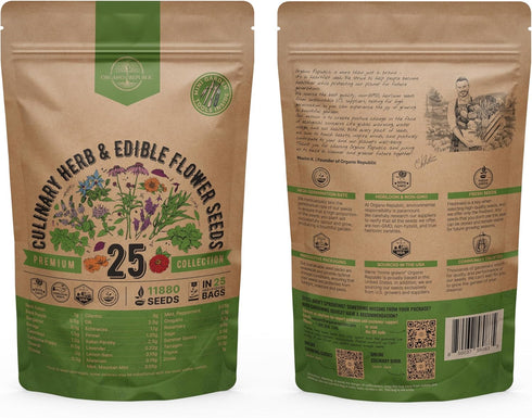 25 Pack 11900+ Culinary Herbs & Edible Flower Seed Variety for Planting Indoor & Outdoors. Non-GMO Heirloom Flower