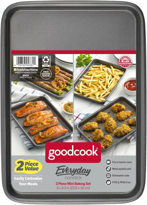 GoodCook Everyday Gray Set of 2 Nonstick Steel 9" x 6.2" Mini Baking Sheets for Toaster Oven