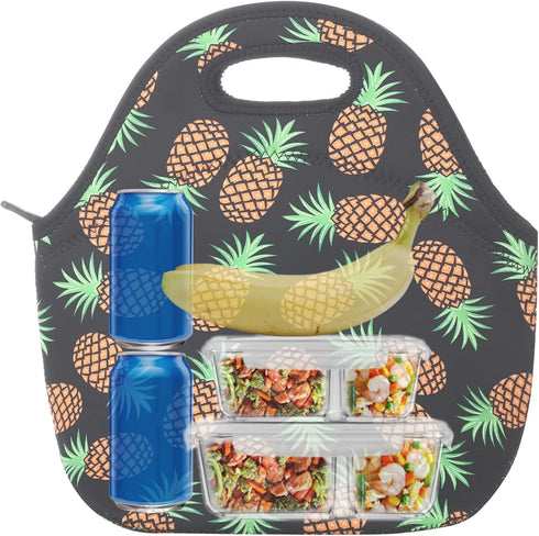 Neoprene Lunch Bag for Kids, Insulated Tote for Women Men, Pineapple Black