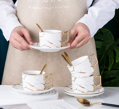 4- 7OZ -TCS26 4) Jusalpha Serve of Hand Printed Golden Matte Ceramic Marble Tea Coffee/Tea Cups with Spoons and Cup