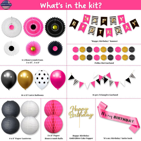 Hot Pink and Black Birthday Decorations, Happy Birthday Banner Garland, Paper Decor, Balloons, Cake Topper, Sash