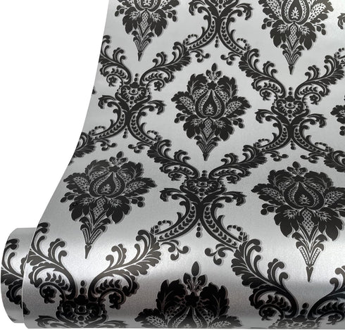Yifely Retro Black Damask Furniture Paper Self-Adhesive Shelf Liner, Light Grey Table Decor Sticker