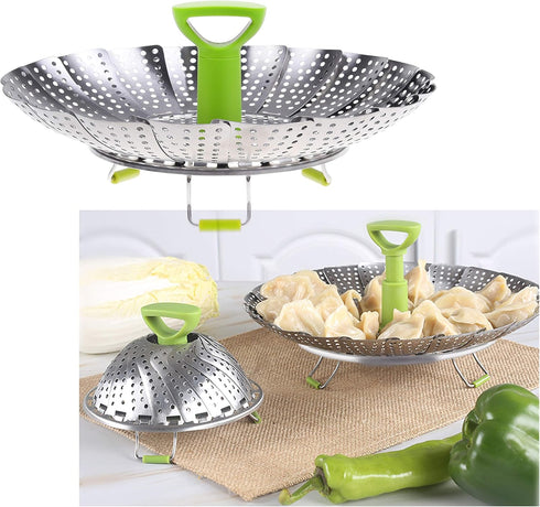 Kare & Kind Adjustable Steamer Basket, Extendable Stainless Steel Steamer with Center Handle, 5.1" to 9"