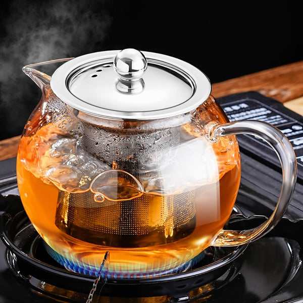 PARACITY Glass Teapot, 22 OZ/650ml with Removable Stainless Steel Infuser, Borosilicate Clear Tea Kettle for Camping