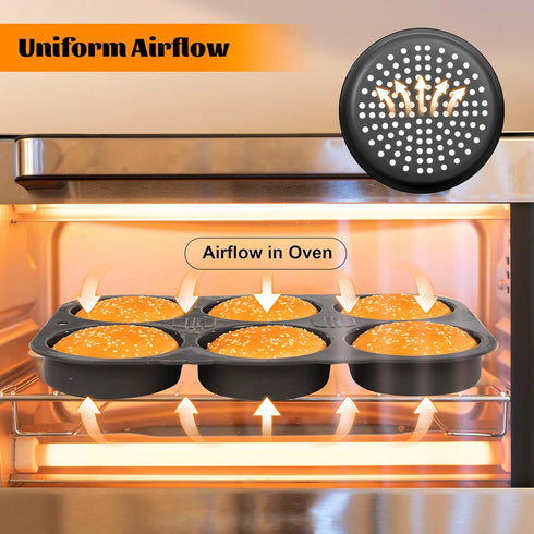 Hamburger Bun Pan Non-Stick Silicone Baking Mold, 4-in Cups, 6-Cavity Perforated - Includes Basting Brush
