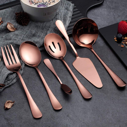 6-Piece Copper Serving Flatware Set, Stainless Steel Utensil Set, Includes Cake Server, Spoons, Fork, Knife