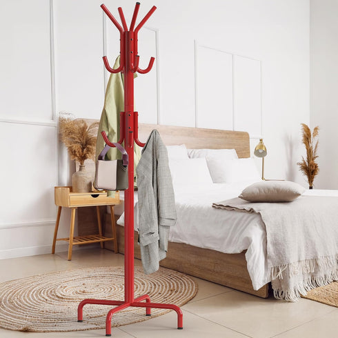 Simple Houseware Standing Coat and Hat Hanger Organizer Rack, 12 Hooks in Red