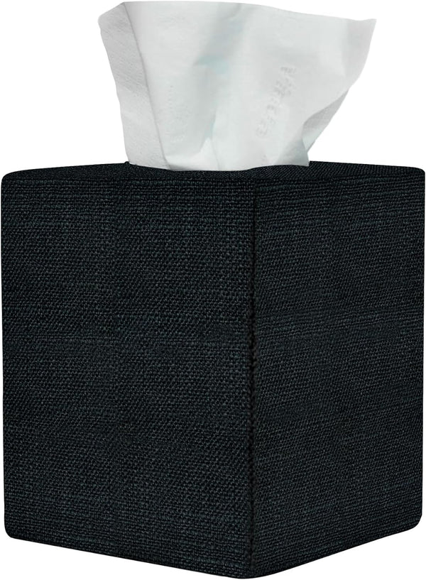 Black Tissue Box Cover, Decorative Linen Fabric Square Holder for Bathroom Vanity, Office, Nightstand