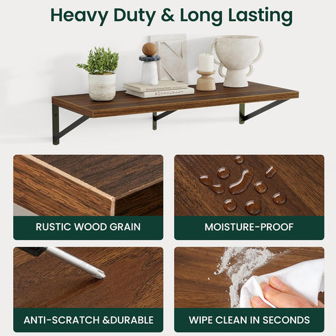 12 Inch 16W 12D Set 2, Floating Shelves, Deep Rustic Wood Wall Storage, x Wall Shelves of Heavy Duty Metal Brackets