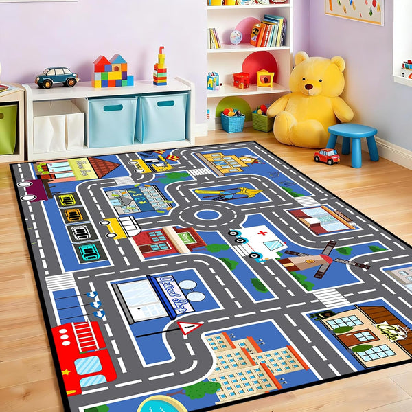 Car Track Rug Blue Road Rug for Kids, Car Traffic Road Play