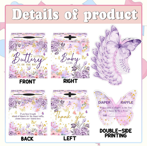 QZCYU 50 Pcs Butterfly Baby Shower Games, Butterfly Diaper Raffle Tickets with Diaper Raffle Card Box, Gender Reveal