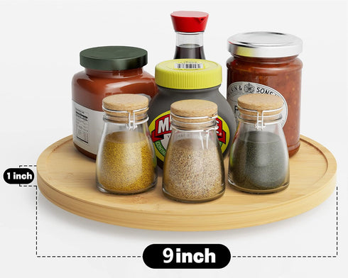 Lazy Susan Organizer - 9 Inch Non-Skid Bamboo Rotating Spice Rack for Kitchen Countertop Organizer
