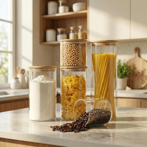 5 Pack Multi Size - Glass Jars with Bamboo Lids, Glass Pantry Storage Containers with Airtight Lids, Round Air Tigh