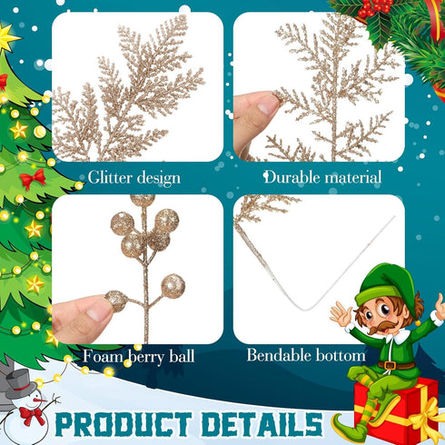 Moucuny 40 Set Pcs Christmas Glitter Artificial Picks Leaf Sprays Cedar Picks Glitter Berries Stems Tropical Leaf Pine