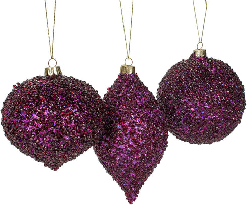 Beaded Purple Plum Glittered Ball Finial - 6 inch Glass Decorative Hanging Christmas Ornament Set