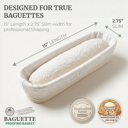 15 Inch Set 2 Baguette Proofing Basket of with Cotton Liners & Baguette Recipe eBook- Handcrafted Natural Rattan