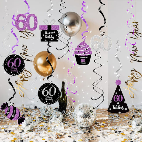 60th Birthday Decorations for Women, Purple Black Silver Hanging Swirls Ceiling for 60th Birthday Party