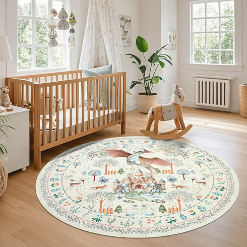 5Ft nesrt Washable Area Rugs Round for Living Room Non Slip, Beige Dragon Forest Circle Dining Room Rugs Low Pile, Soft