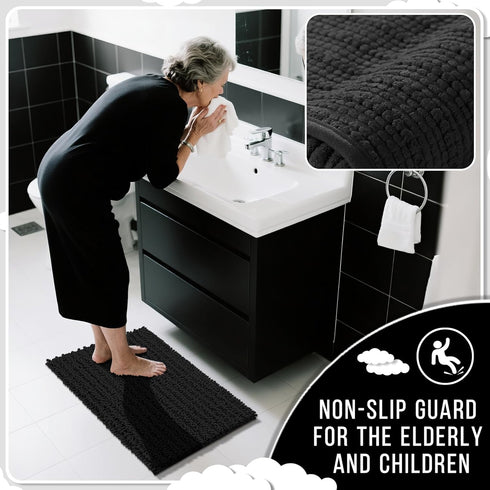 Yimobra Non Slip Washable Bathroom Rugs 32x20 Inch - Ultra Soft Chenille Bath Mat, Quick Dry, Black