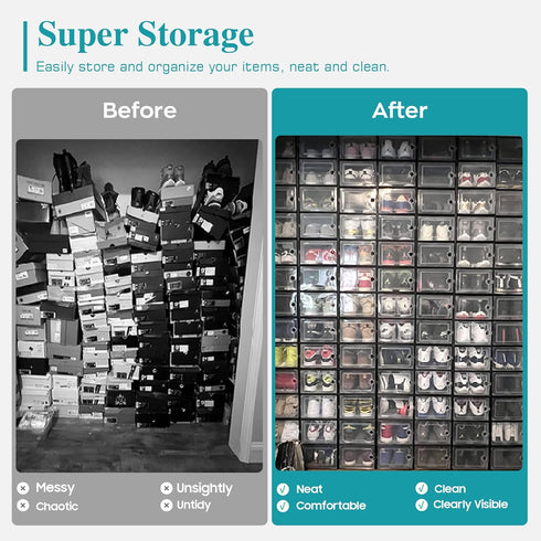 Kuject Large Shoe Organizers, 12 Pack Clear Plastic Stackable Storage Boxes with Lids, Under Bed Shoe Containers, Fit