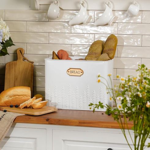 HOME PALETTE Countertop 2 Extra Large Bread Box for Kitchen Corner Breadbox for Homemade Bread Metal White Ear of Wheat