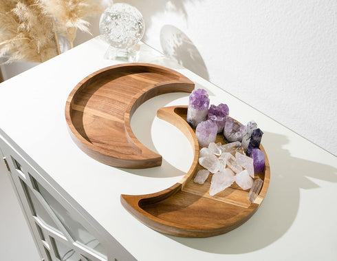 Home and Room Decor Jewelry Organizer, Gothic Trinket Dish, Moon Decor, Acacia Wood Tray for Bedroom, 10.5" x 5"