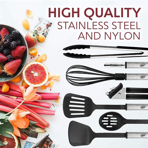 Kitchen Utensils Set - 24 PCS Nylon Cooking Utensils Set, Kitchen Spatula Set with Stainless Steel Handles - Heat Resistant Non-Stick Kitchen Tools - Black Kitchen Utensil Set by EATEX