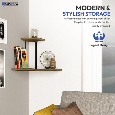 AdVinco Set 2 Rustic Brown Floating Shelves of with Corner Shelf Wood Wall Mounted Shelves for Kitchen, Bathroom