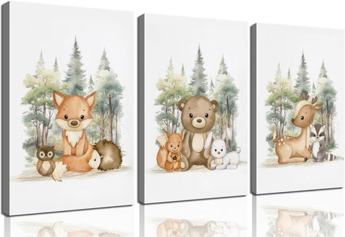 3 Pcs Woodland Animal Nursery Canvas Wall Art Cute Wild Animals Poster
