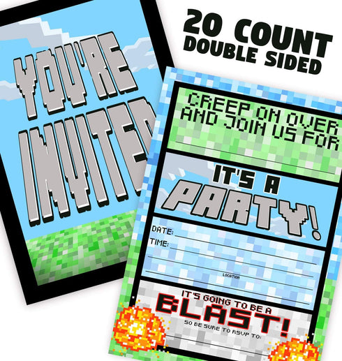 Pixel Party Invitations, 20 Double-Sided Invitations + 20 Envelopes, Video Game Truck Party Supplies