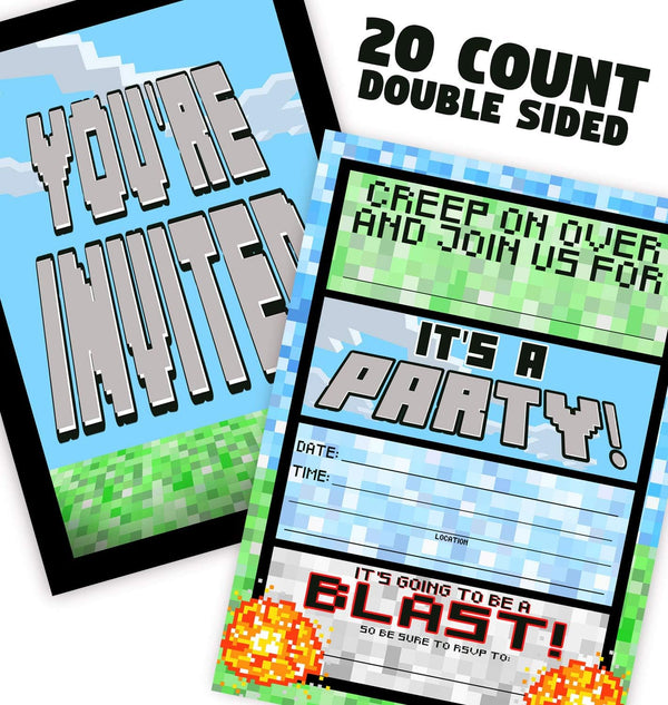 Pixel Party Invitations, 20 Double-Sided Invitations + 20 Envelopes, Video Game Truck Party Supplies