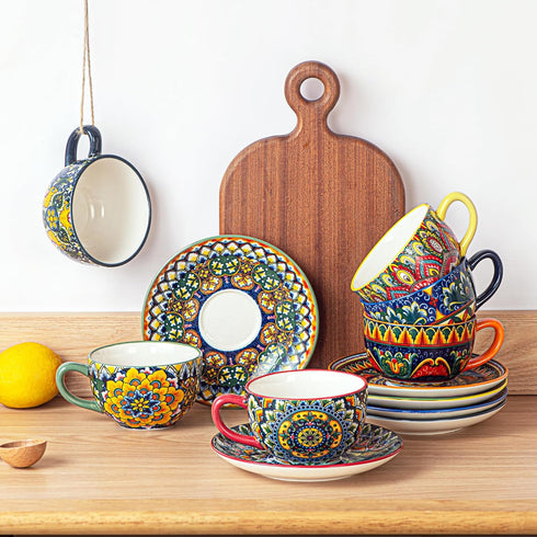 8.5 oz Set, Set 6, Henten Home Cappuccino Cup and Saucers Ceramic Coffee Cup of Bohemian Cup for Latte, Tea, Hot Cocoa