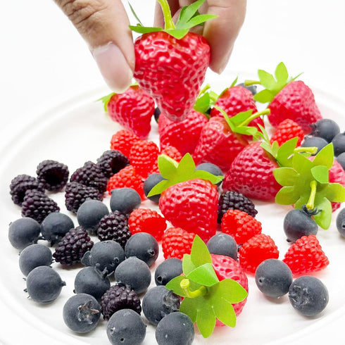 60 Woohome PCS Fake Fruit Fake Blueberries Fake Strawberries Simulation Fake Strawberry for Party Decor Home Kitchen