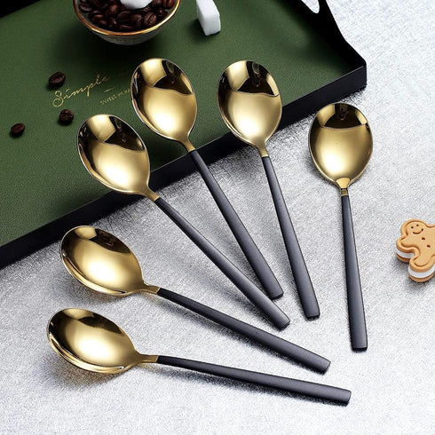 Homquen 6 Pieces Black and Gold Plating Coffee Spoons, 6.3" Modern Design Stainless Steel Tea Spoons Set