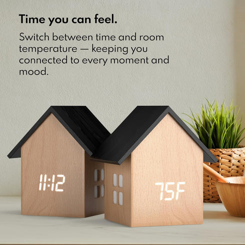 Dimmer Driini Digital House-Shaped Alarm Clock with Temperature Display (Light Wood) Modern Aesthetic - Cute Cube Frame