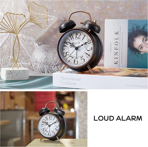 Loud Alarm for Deep Sleepers, 4'' Retro Twin Bell Alarm Clock with Backlight for Bedroom and Home Decoration (Retro