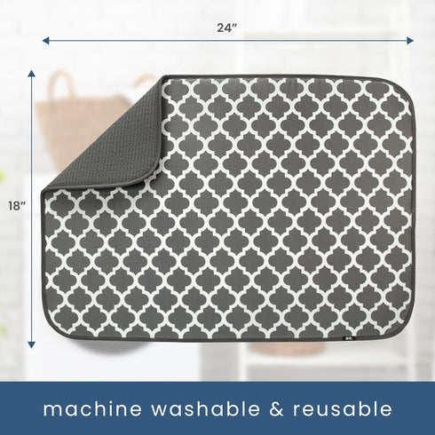 S&T INC. XL Dish Drying Mat 18” x 24” Absorbent Microfiber Kitchen Counter Pad in Pewter Grey Trellis