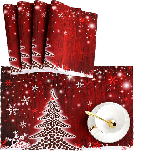 Naanle Winter Holiday Christmas Placemats Set of 4, Christmas Tree with Snowflake Heat-Resistant Washable Table Place