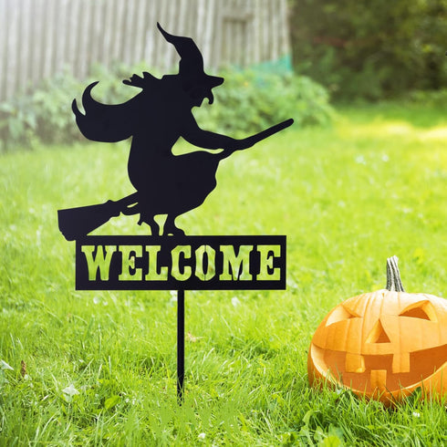Whaline Halloween Welcome Sign with Stake, Spooky Witch on Broom Door Hanger, Black Witches Silhouette Garden Stakes