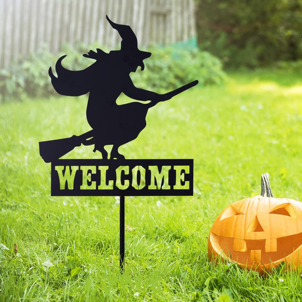 Whaline Halloween Welcome Sign with Stake, Spooky Witch on Broom Door Hanger, Black Witches Silhouette Garden Stakes