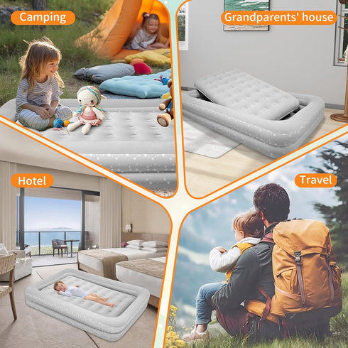 EQURROY 4-7 Air Mattress for Kids Years - Toddler Travel Bed with Built-in Pump, Sides for Safety, Ultra Soft Plush