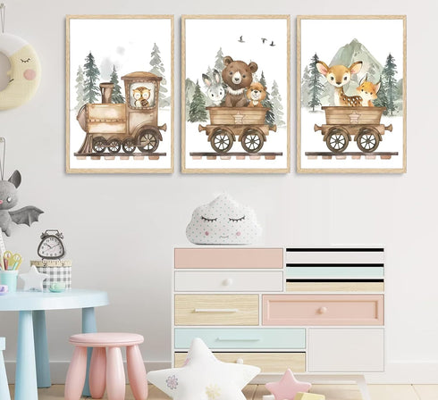 SZHUAAIC 3Pcs Woodland Animal Nursery Canvas Wall art Forest Wildlife Train Adventure Drawing Picture Wall Decor Fox