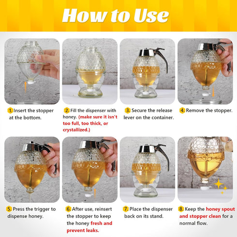 8oz Honey Dispenser, Honey Dispenser No Drip Glass with Stand, Honey Container & Coffee Syrup Dispenser for Tea Time