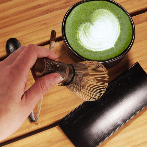 BambooMN Matcha Whisk Set - Black Chasen (Tea Whisk), Black Tray, Chashaku (Hooked Bamboo Scoop), Tea Spoon - 2 Sets