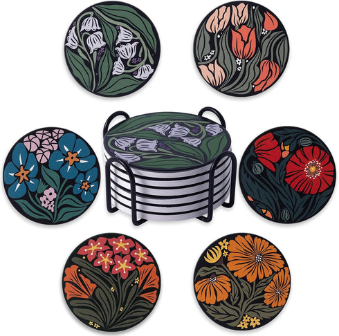 Staruby Coasters Absorbent Ceramic Coaster Drink Coasters with Cork Back Beautiful Artistic Flowers