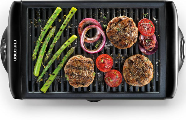 Chefman Electric Smokeless Indoor Grill, Non-Stick Cooking Surface & Adjustable Temperature Knob for BBQing, Black
