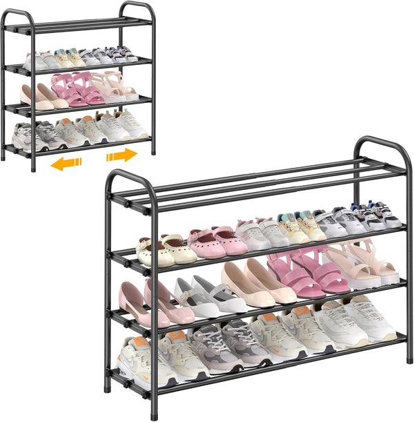 Hleelomi 4-Tier Expandable Shoe Rack for EntrywayAdjustable Metal Shoe Organizer for Closet,Living Room,Dorm,Black
