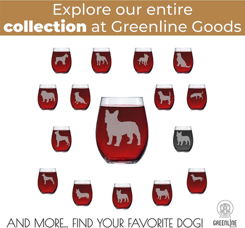 Greenline Goods French Bulldog Stemless Wine Glasses - Hand Etched 2-Sided Silhouette with Breed Name for Dog Lovers